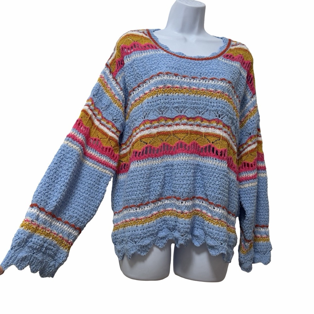 POL‎ Womens Crochet Ruffle Hem Stripe Pullover Sweater Size S Blue Boho Festival